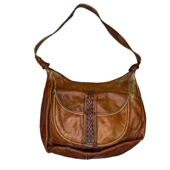 Vintage Frye Leather Serval Zipper Shoulder‎ Bag With Woven Detail - Picture 1 of 9